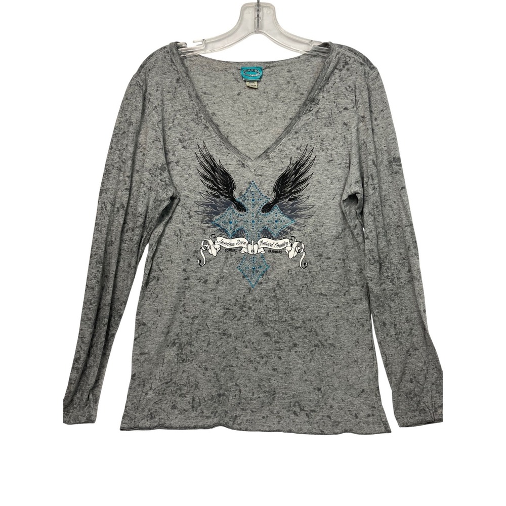 Cowgirl Hardware Gray Burnout Western Top | Turquoise Cross Wings | XL - Picture 2 of 9